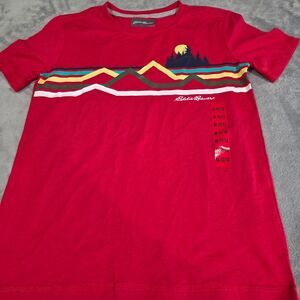 Eddie Bauer Kids Red Graphic‎ T Shirt Mountains Trees Sun Landscape Size M 10/12